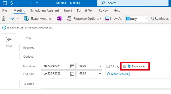 how to change time zone in outlook meeting invite