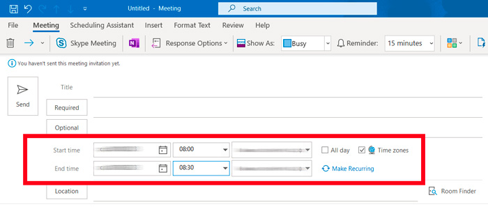 does outlook automatically adjust time zones for meetings