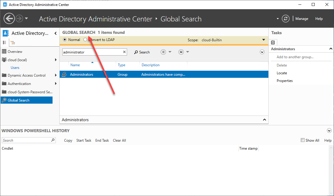 global search in Active Directory Administrative Center