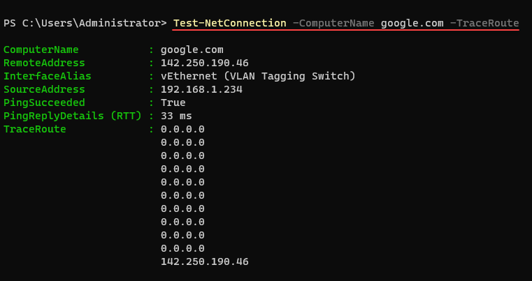 test netconnection traceroute