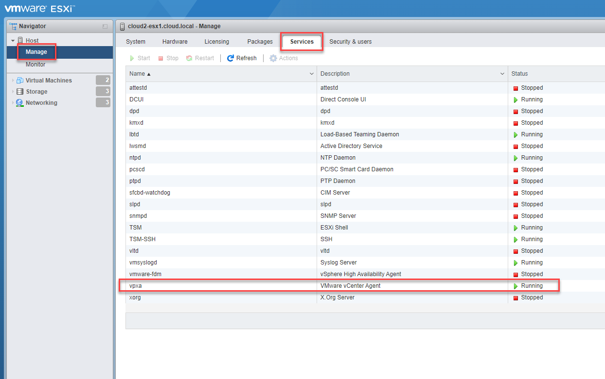 Restarting services via the ESXi host client