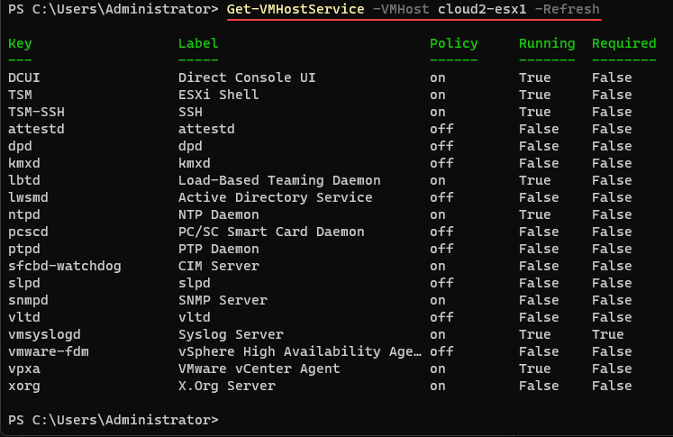 Getting services and statuses using PowerCLI