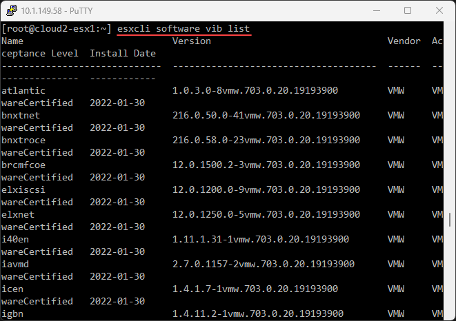 Viewing software VIB files installed in ESXi