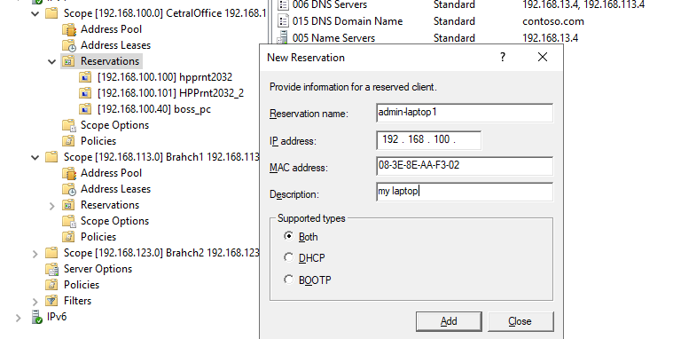 how to reserve ip address in dhcp windows server