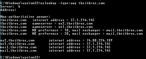 list all dns records for a domain nslookup
