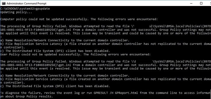 the processing of group policy failed