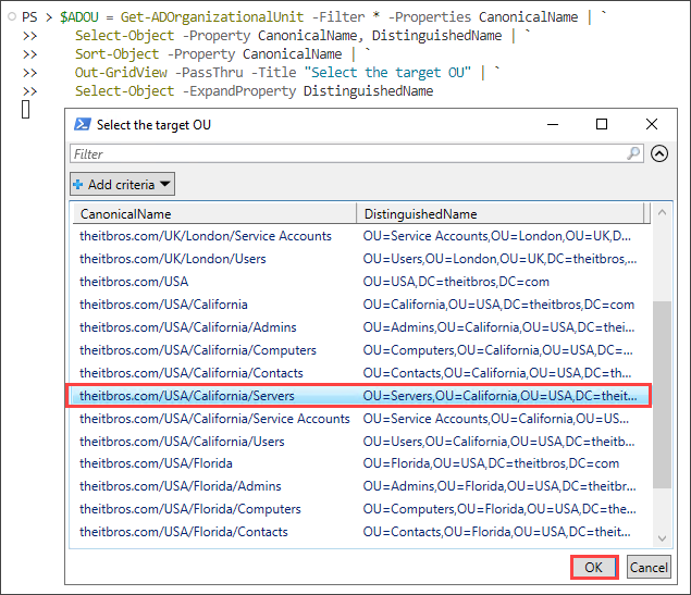 powershell move computer ou