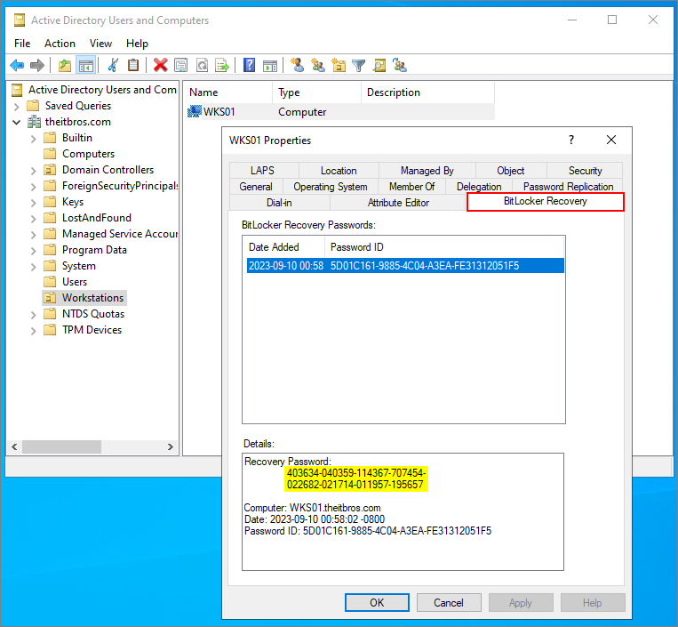 active directory bitlocker recovery key