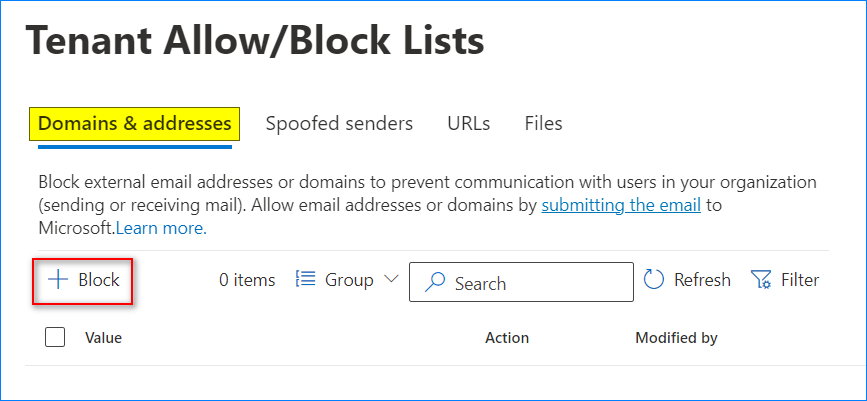 exchange online block domain