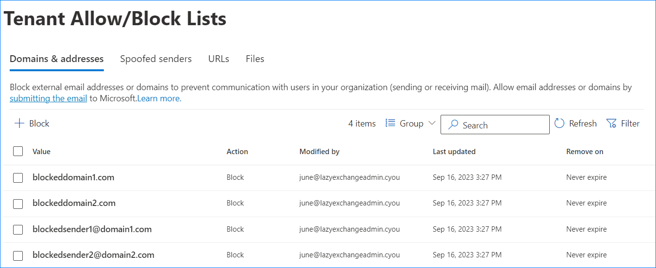 office 365 blocked senders list