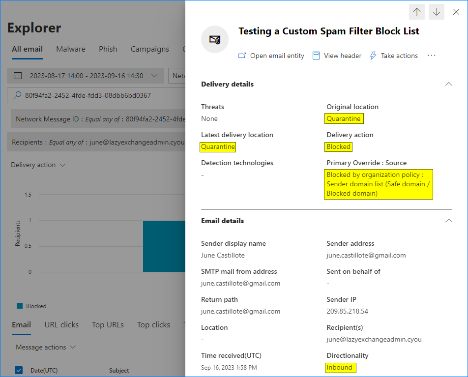 exchange 365 block email address