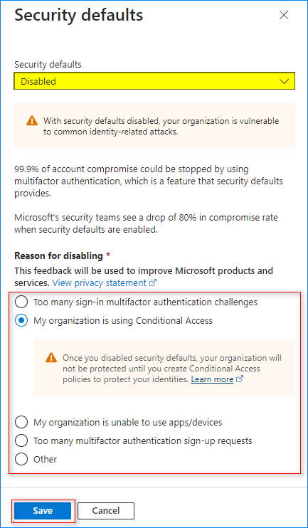 turn off security defaults office 365
