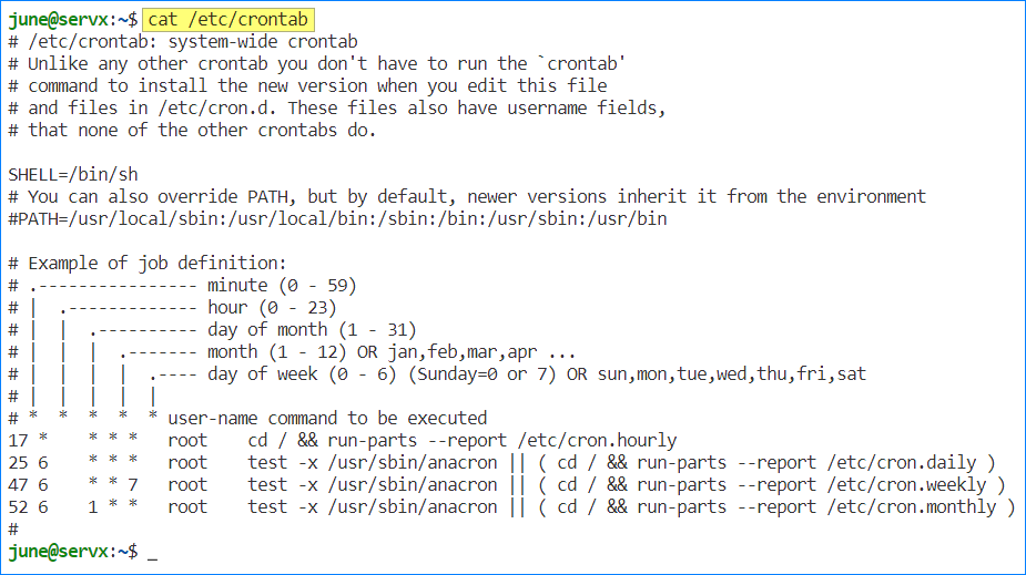cat crontab linux