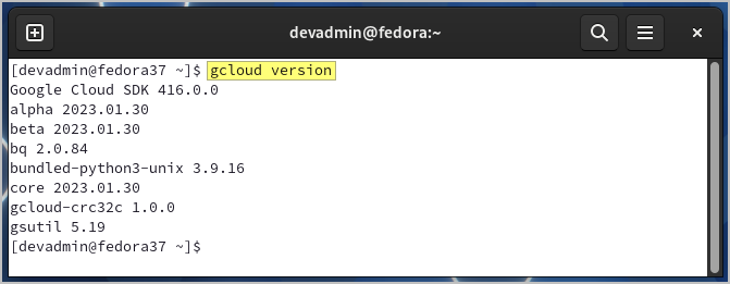 check gcloud version terminal