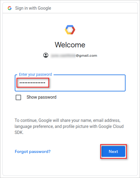 sign in google cloud sdk password