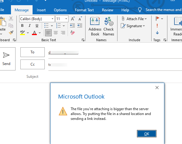 email attachment size limit outlook