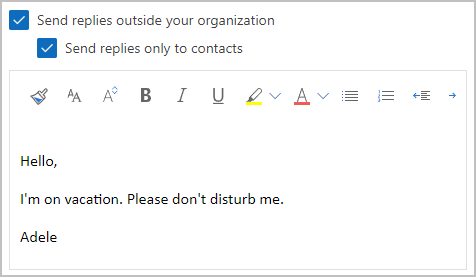 set out of office message in exchange admin center