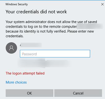 the server's authentication policy does not allow connection requests using saved credentials